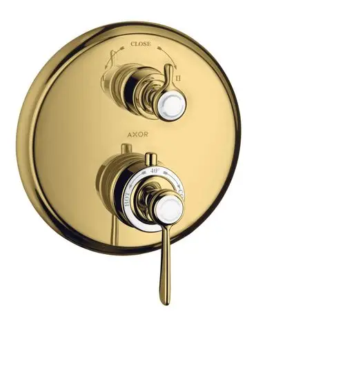 Thermostat für Dusche mit Hebelgriff und Ab-Umstellventil in polierter Goldoptik, ausgestattet mit AXOR Logo zur Steuerung der Wassertemperatur und -abnahme.